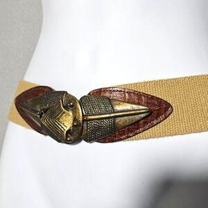 Vintage 90s Omega Arrow Brass Buckle Stretch Western Cowgirl Boho Tan Belt Sz M